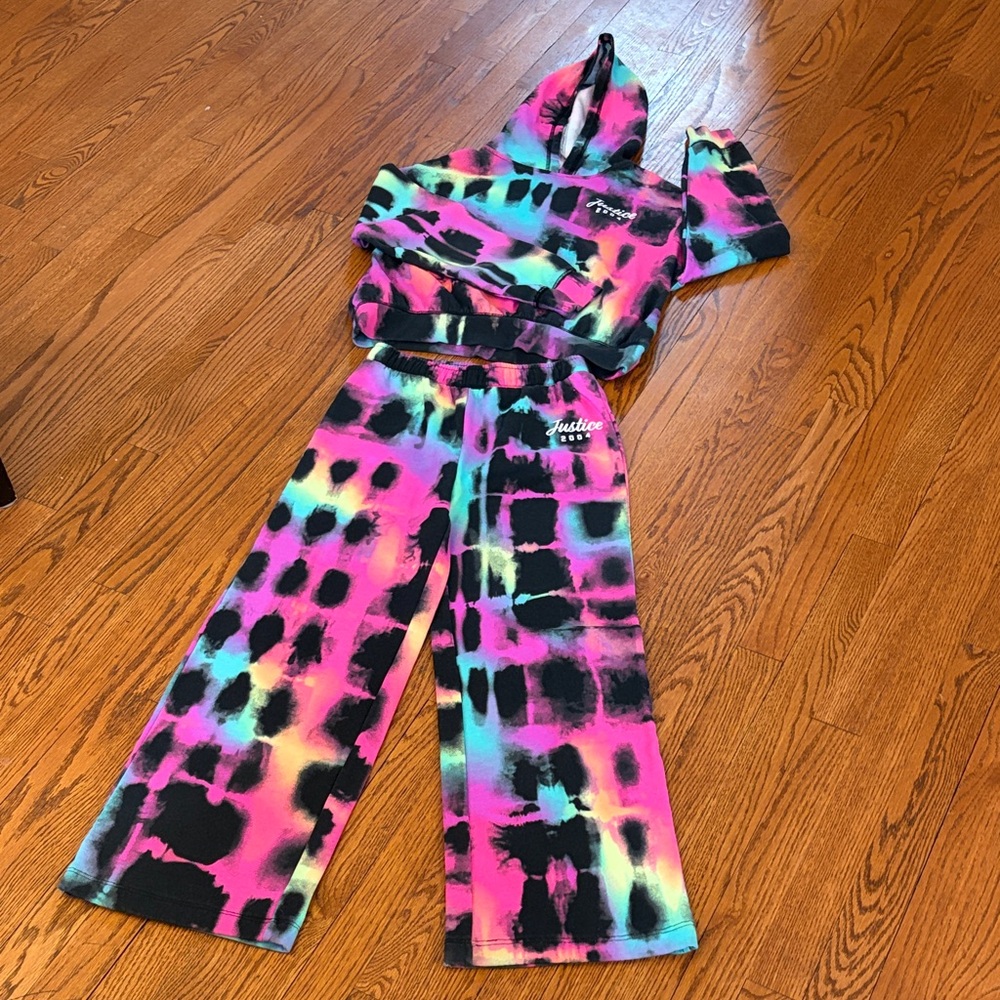 Justice Neon Tie-Dye Hoodie and Joggers Set - Pink, Teal, Yellow, Black